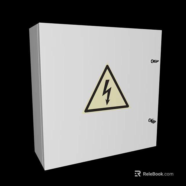 Industrial Electrical Control Cabinet With White Enclosure And Yellow High Voltage Warning Sign 3d model 