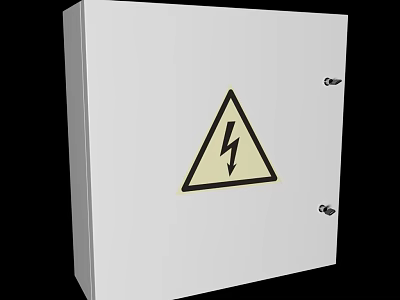 Industrial Electrical Control Cabinet With White Enclosure And Yellow High Voltage Warning Sign 3d model
