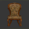 Classic Vintage Wooden Armchair With Floral Pattern Upholstery And Carved Accents