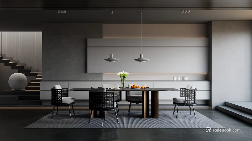 Modern Restaurant Interior With Round Dining Table Black Lattice Chairs Pendant Lights And Gray Walls 3d model 