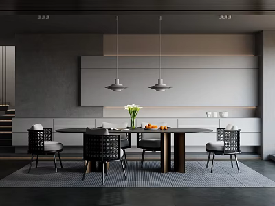 Modern Restaurant Interior With Round Dining Table Black Lattice Chairs Pendant Lights And Gray Walls 3d model