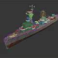 Naval Warship with Gray Hull Red Bottom Turrets Mast and Military Equipment on Deck