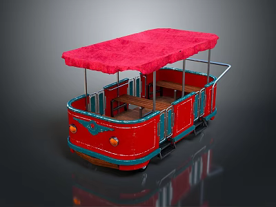 Vintage Tram With Red Canopy Blue Body Wooden Seats And Yellow Headlights 3d model