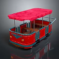 Vintage Tram With Red Canopy Blue Body Wooden Seats And Yellow Headlights