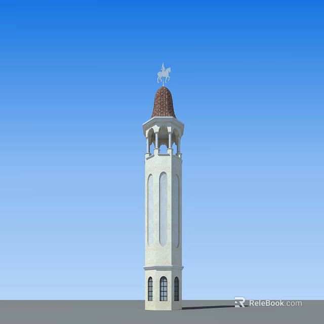 White Tower With Brown Dome White Statue And Arched Windows Against Blue Sky 3d model 