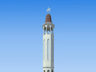 White Tower With Brown Dome White Statue And Arched Windows Against Blue Sky 3d model