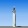 White Tower With Brown Dome White Statue And Arched Windows Against Blue Sky
