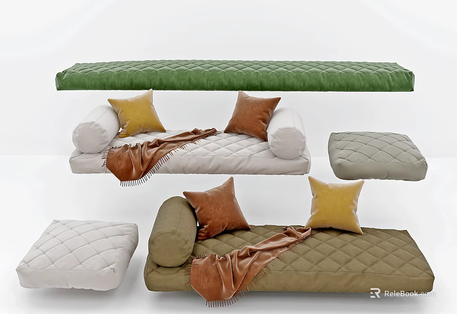 Home Living Decor Items Including Green Cushion White Sofa Pillows And Beige Sofa With Blanket 3d model 