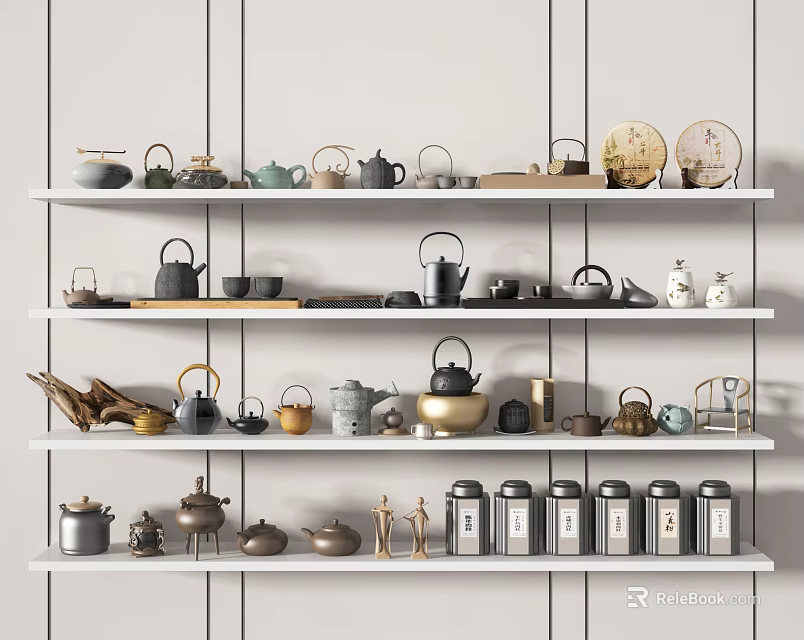 Assorted Tea Sets Displayed on White Shelves with Teapots Teacups and Decorative Items 3d model