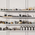 Assorted Tea Sets Displayed on White Shelves with Teapots Teacups and Decorative Items 3d model