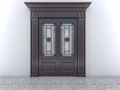 Elegant Dark Double Doors With Glass Panels And Decorative Top On Stone Floor 3d model