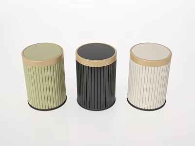 Three Different Colored Trash Bins With Gold Rim And Vertical Stripe Design 3d model