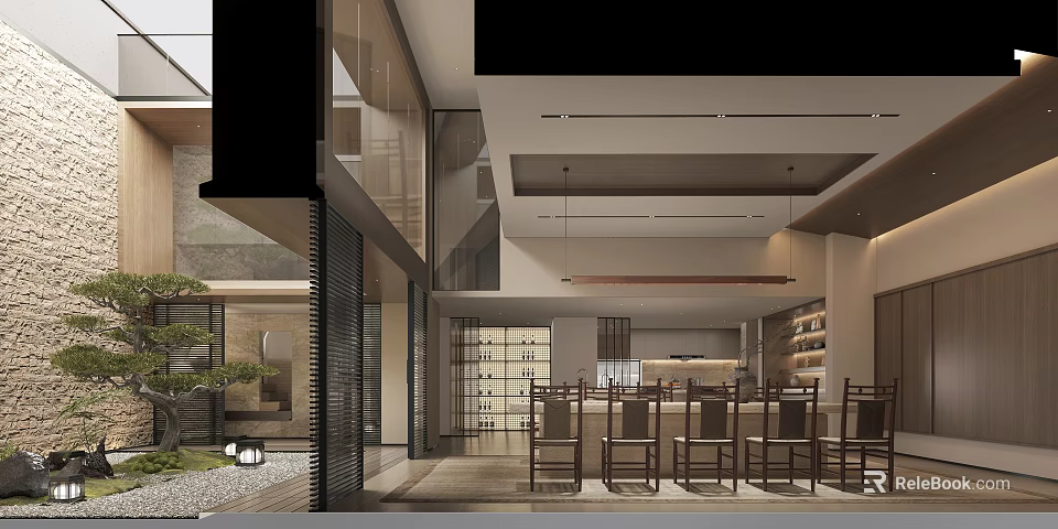 Modern Duplex Living Room Interior Design With High Ceiling Open Layout And Glass Windows 3d model 