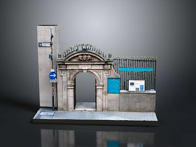 Scenic Model Display With Stone Archway Ornate Top Metal Fence Blue Structure White Information Board 3d model