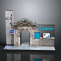 Scenic Model Display With Stone Archway Ornate Top Metal Fence Blue Structure White Information Board