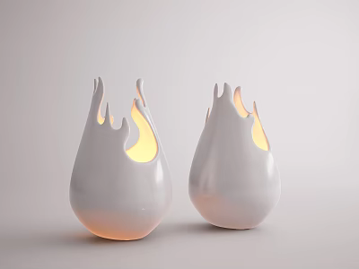 Two White Flame Shaped Table Lamps With Flame Like Shade Yellow Light On White Background 3d model