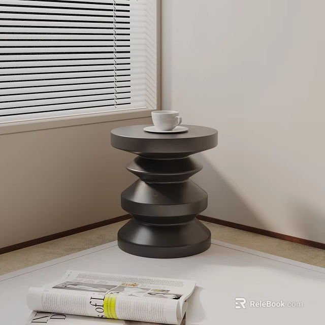 Black Spiral Design Side Table by Window with Blinds and Cup on Top 3d model