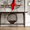 Wooden Console Table With Circular Decor Red Cloth And Striped Wall Backdrop 3d model