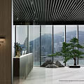 Modern Reception Area Interior Design With Large Windows City View And Decorative Plant