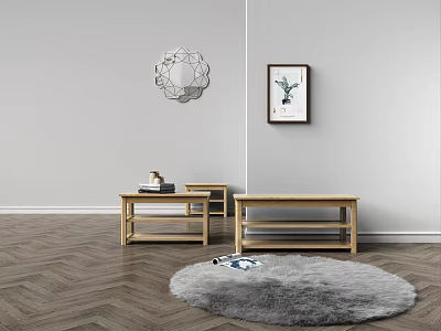 Modern Interior With Gray Shaggy Rug Wooden Low Tables And Wall Decor On Herringbone Floor 3d model