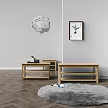 Modern Interior With Gray Shaggy Rug Wooden Low Tables And Wall Decor On Herringbone Floor