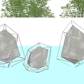 Three Geometric Metal Frame Sculptures With Mesh Design Outdoor Featuring Trees And Reflective Ground