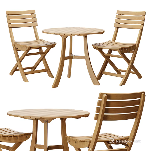 Wooden Round Outdoor Table With Folding Chairs For Patio Garden Use 3d model 