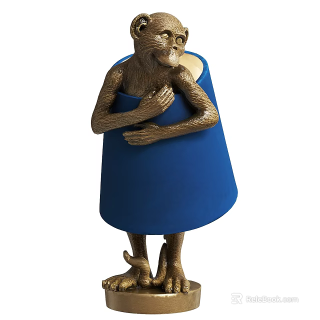 Unique Decorative Table Lamp With Monkey Shaped Golden Base And Blue Lampshade 3d model