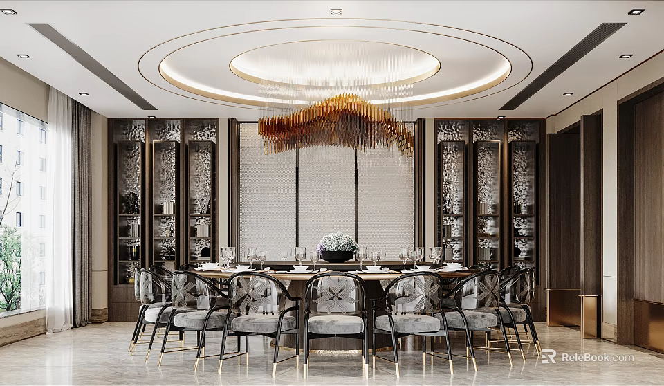 Elegant Private Dining Room Interior With Round Table Chairs And Decorative Chandelier 3d model
