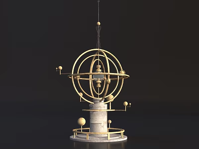 Cartoon Mechanical Scene With Golden Ring Structure And Spherical Components On Pedestal Base 3d model