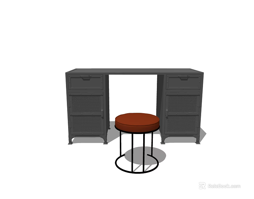 Modern Dark Wooden Desk With Storage Drawers Cabinets And Red Stool 3d model 