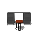 Modern Dark Wooden Desk With Storage Drawers Cabinets And Red Stool