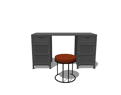 Modern Dark Wooden Desk With Storage Drawers Cabinets And Red Stool 3d model