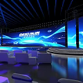 Innovative Future Themed Stage With Blue Lighting Large Screen And Chairs 3d model