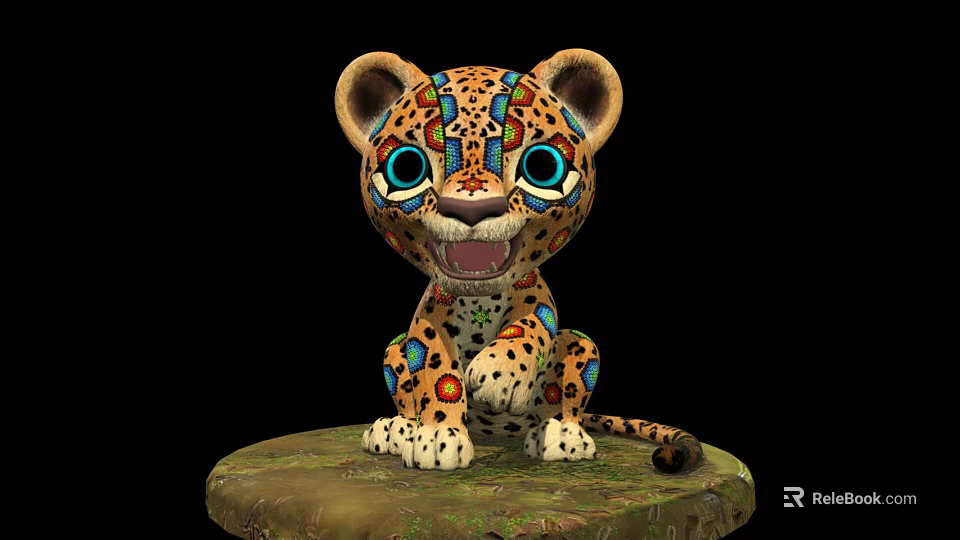 Cheetah Cub Doll with Colorful Patterns Big Blue Eyes Sitting on Decorative Base 3d model 