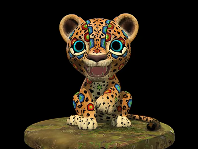 Cheetah Cub Doll with Colorful Patterns Big Blue Eyes Sitting on Decorative Base 3d model