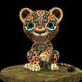 Cheetah Cub Doll with Colorful Patterns Big Blue Eyes Sitting on Decorative Base