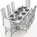 Elegant Dining Table Set With Upholstered Chairs Tableware And Wine Glasses 3d model