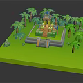 3D Cartoon Scene With Green Grass Platform Yellow Temple Stone Steps And Palm Trees
