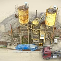 Industrial Factory With Rusty Concrete Silos Crane Gravel Trucks And Equipment