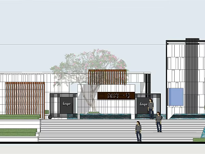 Modern Entrance Gate With Glass Curtain Wall Metal Frame Steps And Tree 3d model
