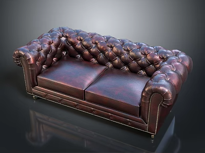 Elegant Two Seater Luxurious Brown Leather Sofa With Classic Tufted Upholstery And Decorative Stitches 3d model