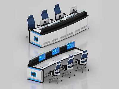 Professional Control Desk Setup With Multiple Digital Screens And Ergonomic Blue Chairs 3d model
