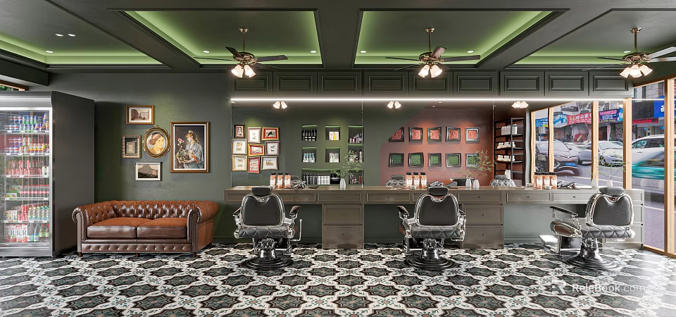Vintage Barber Shop Interior Design With Leather Sofa Barber Chairs And Decorative Paintings 3d model 