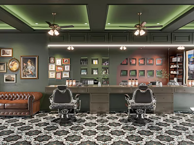 Vintage Barber Shop Interior Design With Leather Sofa Barber Chairs And Decorative Paintings 3d model