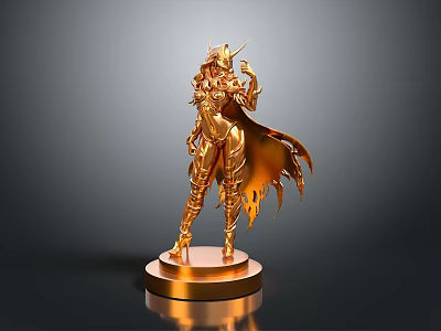 Golden Woman Statue With Ornate Armor Flowing Cape And Circular Base 3d model