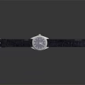 Elegant Watch Featuring Silver Dial Black Leather Strap and Metal Buckle on Black Reflective Surface