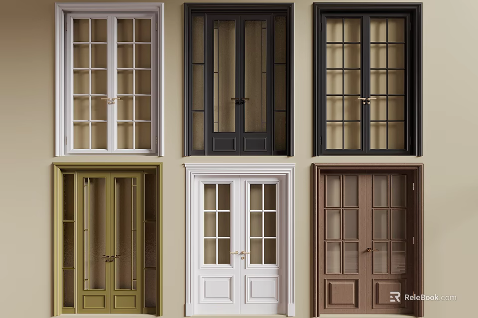 Double Doors Featuring Various Colors Glass Panel Designs and Solid Panel Styles 3d model