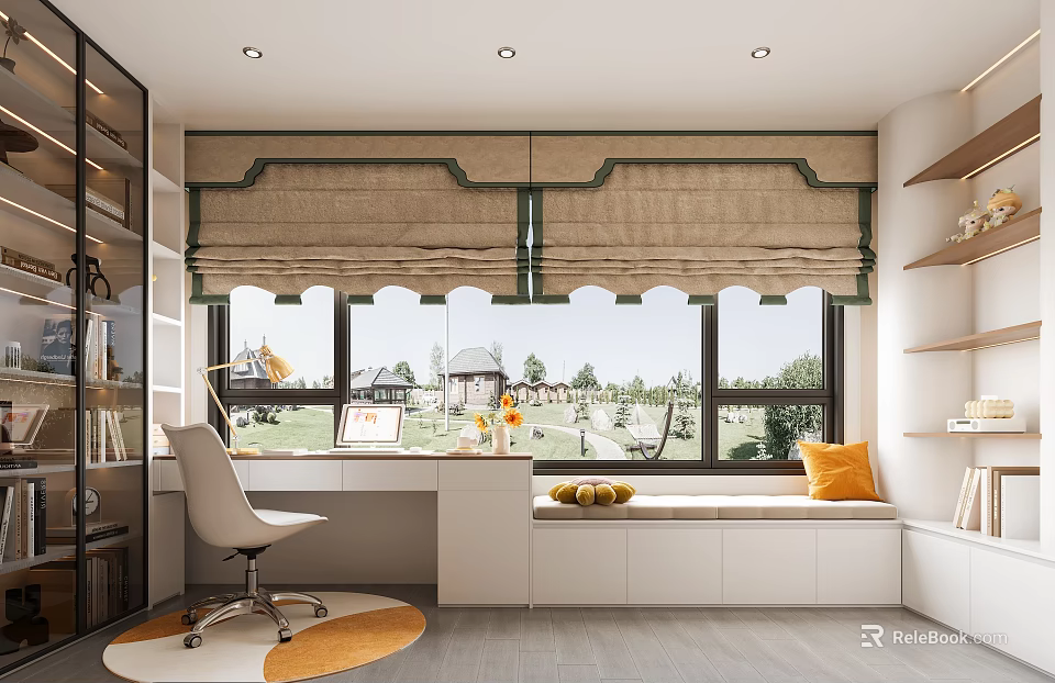 Living Room With Beige Roman Shades Bay Window Seat Orange Cushion Round Rug And Bookshelf 3d model 