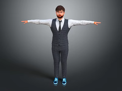 A Man In Checkered Vest And Pants With White Shirt And Blue Shoes Arms Outstretched 3d model